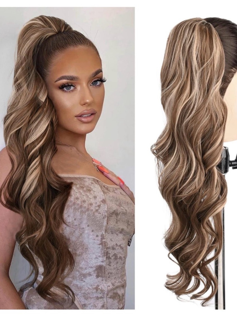 Long Wavy Clip-In Ponytail Extension - Light Brown with Blonde Highlights